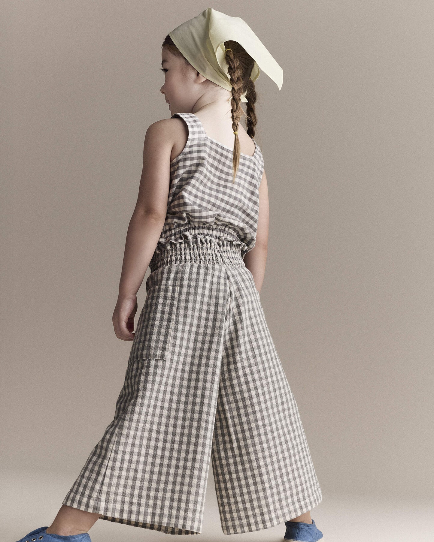 Toddler Girl Gingham Peplum Top with Bows - Cream/Grey