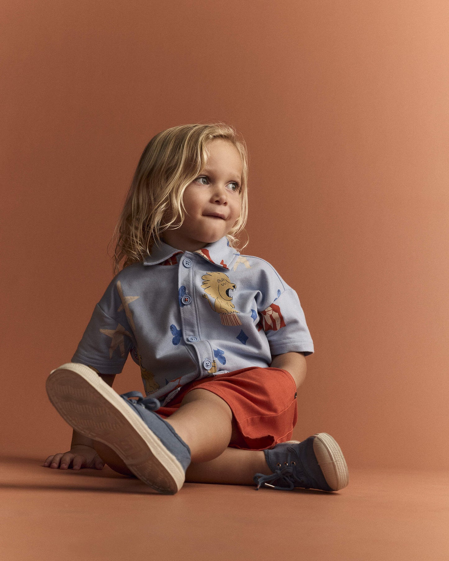 Toddler Boy Button-Down Short-Sleeve Shirt in Circus Print - Blue