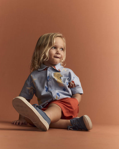 Toddler Boy Button-Down Short-Sleeve Shirt in Circus Print - Blue