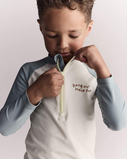 Toddler Boy Hang Out, Have Fun' Half-Zip Long-Sleeve Rashguard - Pale Blue/Cream