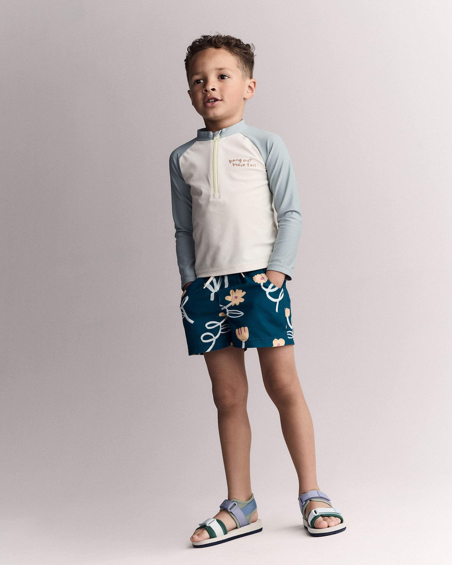 Toddler Boy Hang Out, Have Fun' Half-Zip Long-Sleeve Rashguard - Pale Blue/Cream