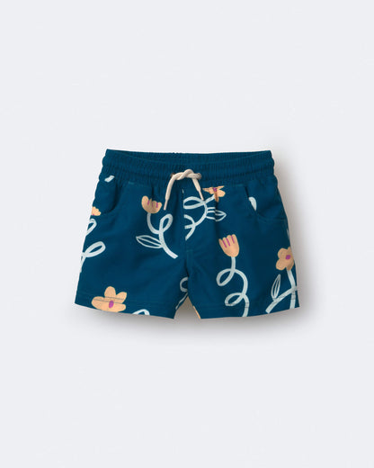 Toddler Boy Swim Trunk in Floral Print - Teal