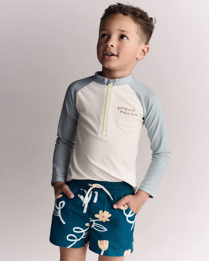Toddler Boy Swim Trunk in Floral Print - Teal