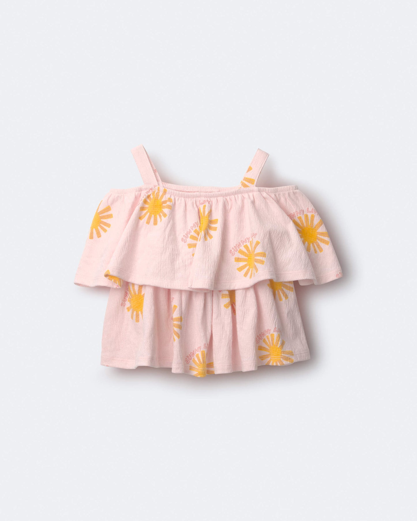 Toddler Girl Off Shoulder Flowy Top in Sunny Life Print - Light Pink