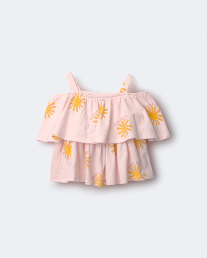 Toddler Girl Off Shoulder Flowy Top in Sunny Life Print - Light Pink