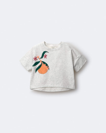 Toddler Girl 'Vibing' High-Low Dolman Tee in Clementine Print - Heather Grey
