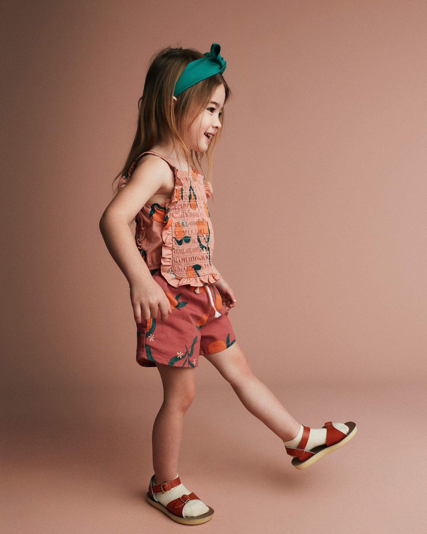 Toddler Girl Smocked Bib Top in Clementine Grove Print - Light Pink