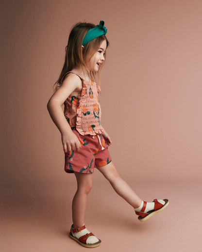 Toddler Girl Smocked Bib Top in Clementine Grove Print - Light Pink