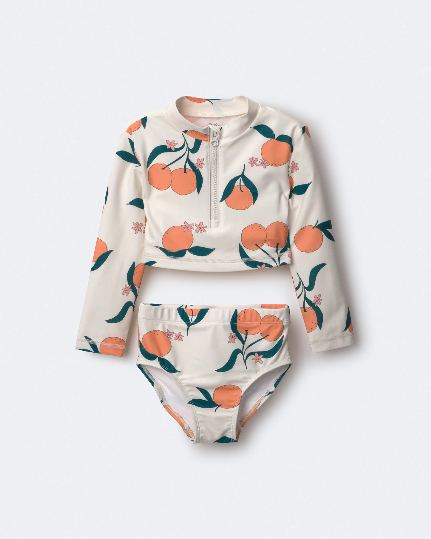 Toddler Girl Half-Zip Long-Sleeve Rashguard Set in Clementine Grove Print - Cream