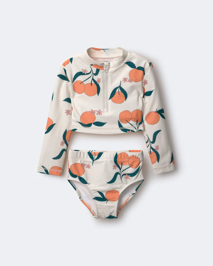 Toddler Girl Half-Zip Long-Sleeve Rashguard Set in Clementine Grove Print - Cream