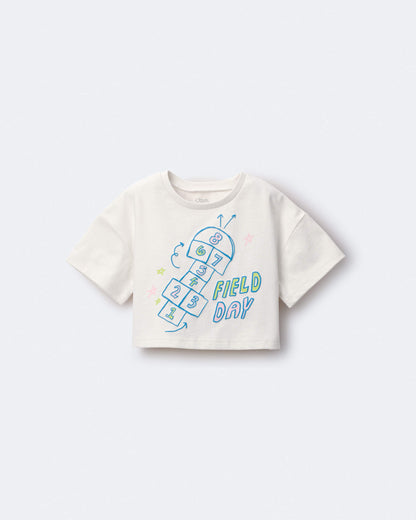 Toddler Girl 'Field Day' Breezy Top in Hopscotch Print - Cream