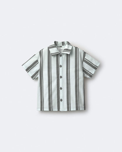 Toddler Boy Button-Down Short-Sleeve Shirt in Stripes - Light Blue/Sage