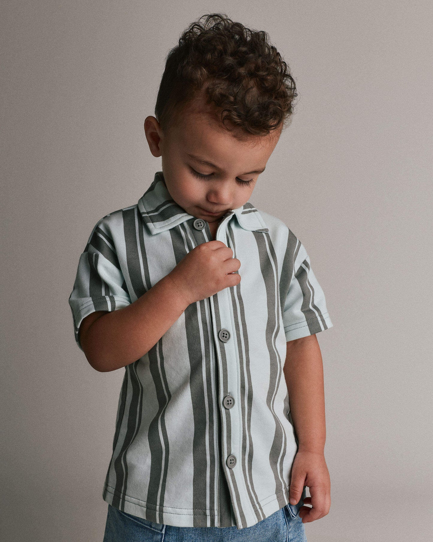 Toddler Boy Button-Down Short-Sleeve Shirt in Stripes - Light Blue/Sage