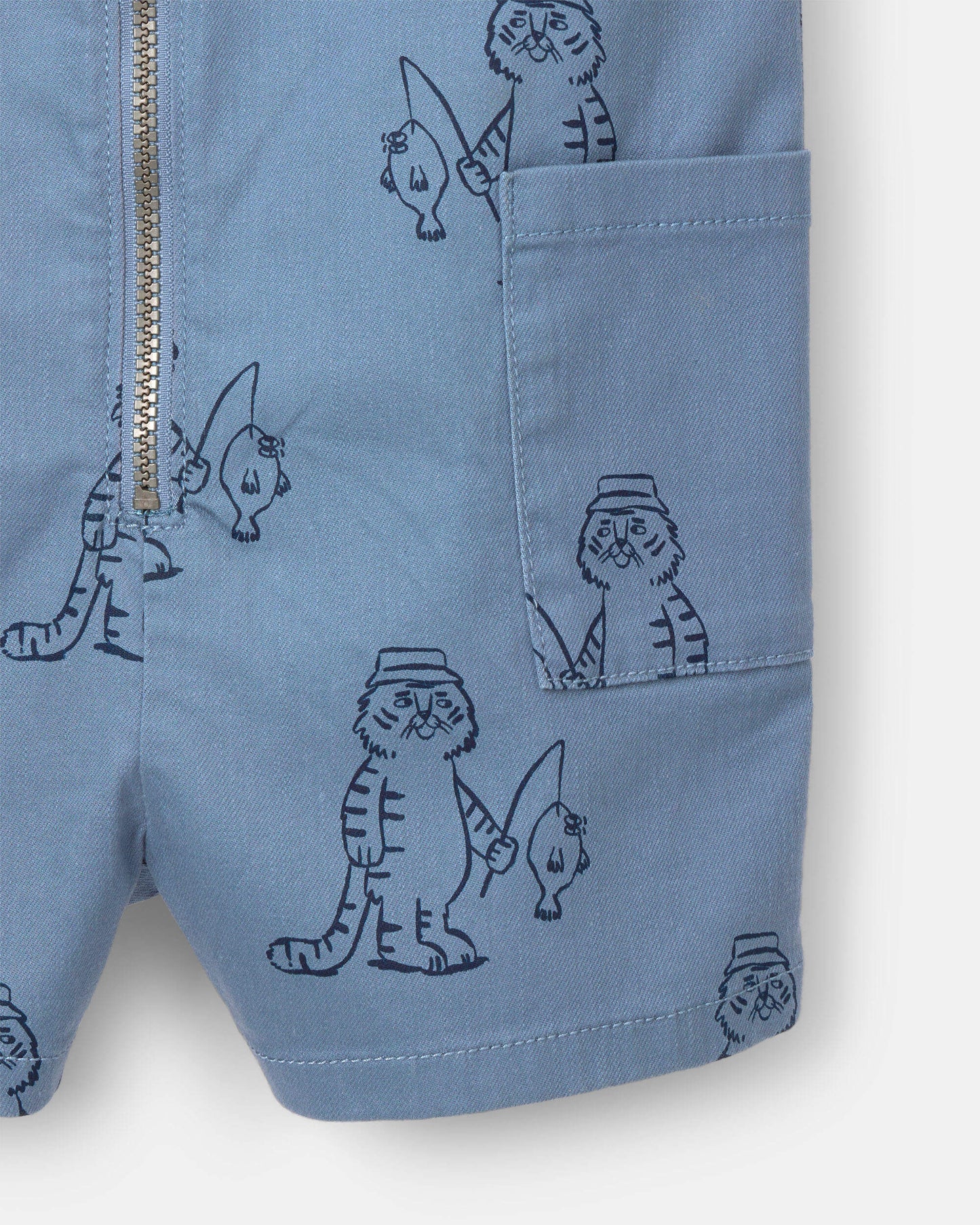 Toddler Romper with Otter Pockets in Fishing Tiger Print - Slate Blue