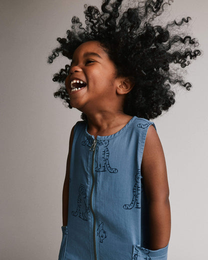 Toddler Romper with Otter Pockets in Fishing Tiger Print - Slate Blue