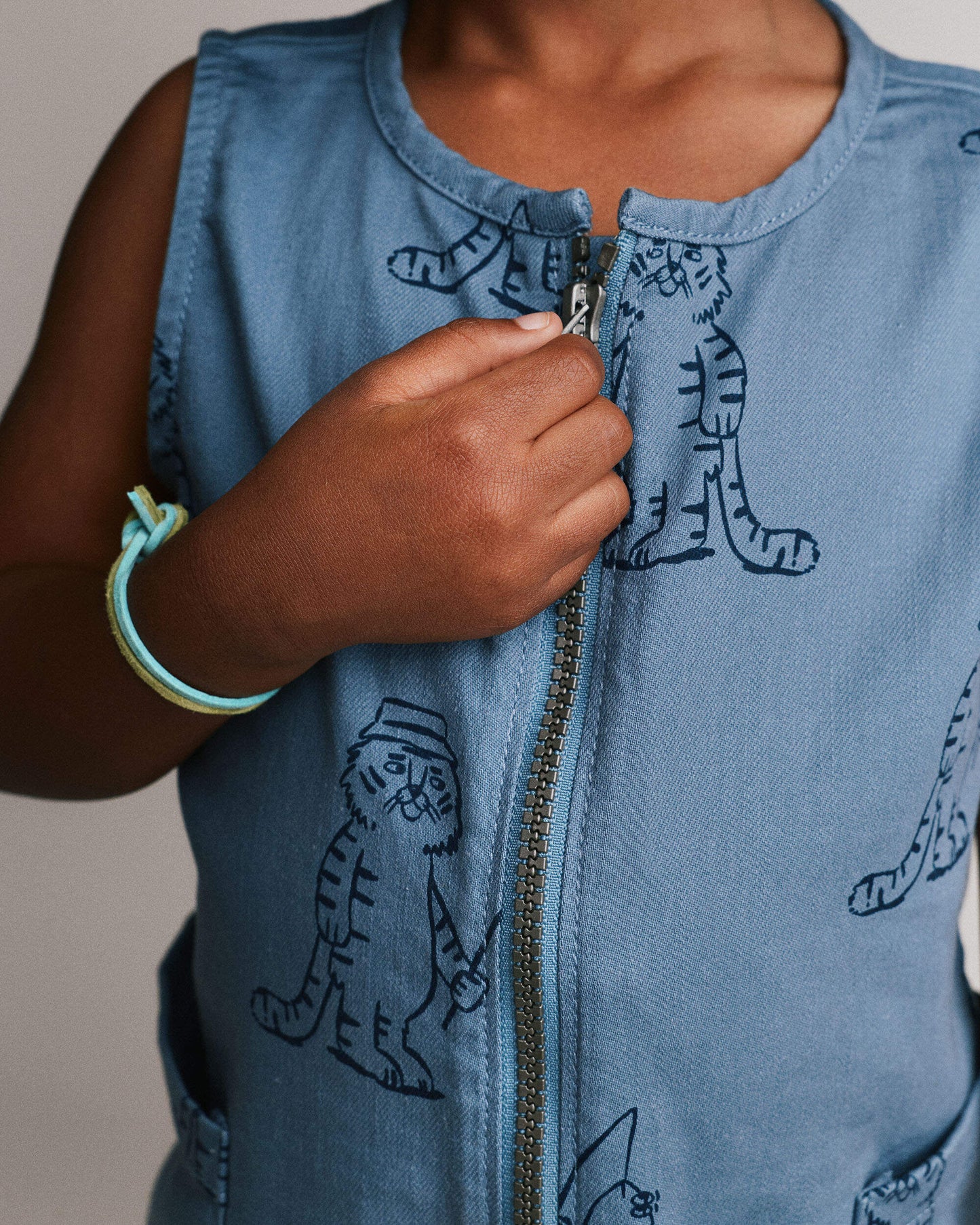 Toddler Romper with Otter Pockets in Fishing Tiger Print - Slate Blue