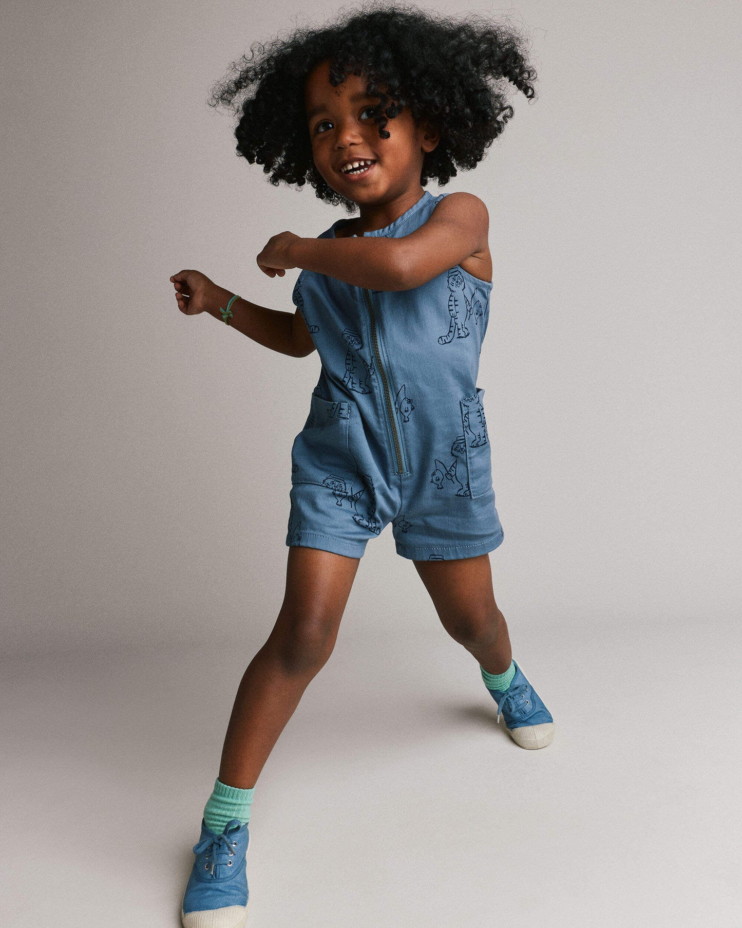 Toddler Romper with Otter Pockets in Fishing Tiger Print - Slate Blue