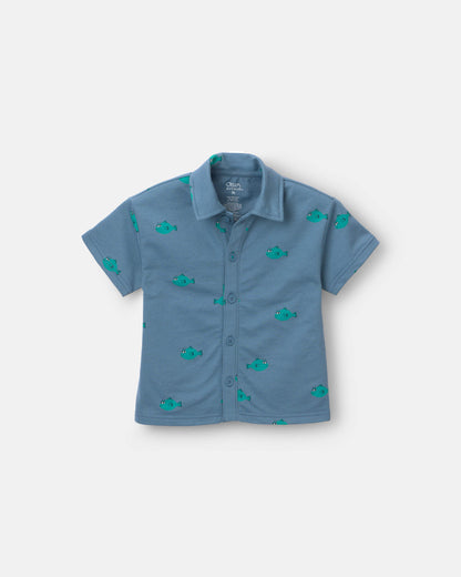 Toddler Boy Button-Down Short-Sleeve Shirt in Fish Print - Slate Blue