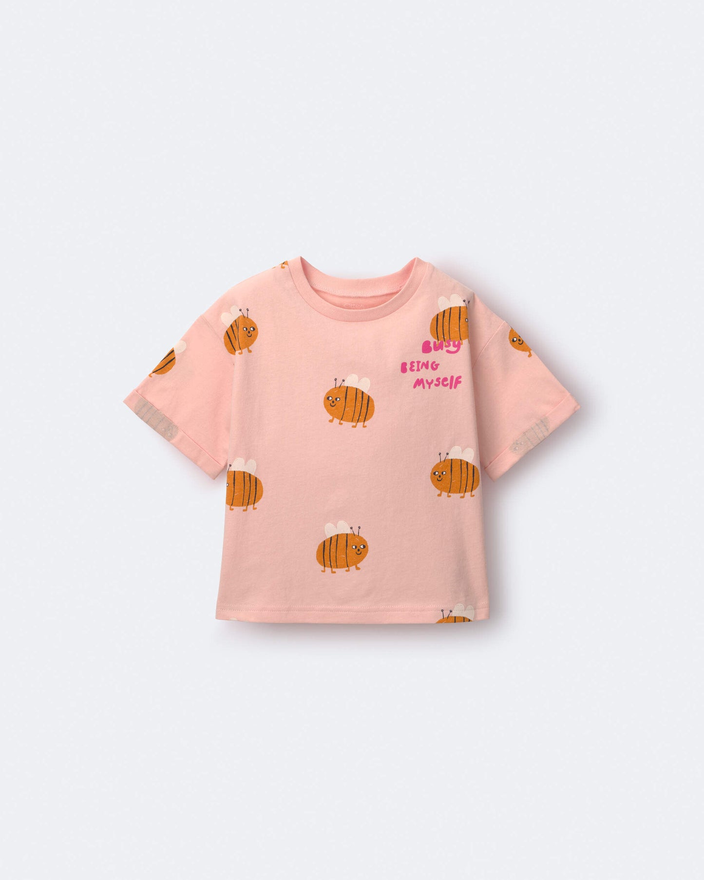 Toddler Girl Rolled Cuff Tee in Bee Print - Light Pink
