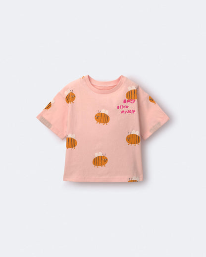 Toddler Girl Rolled Cuff Tee in Bee Print - Light Pink
