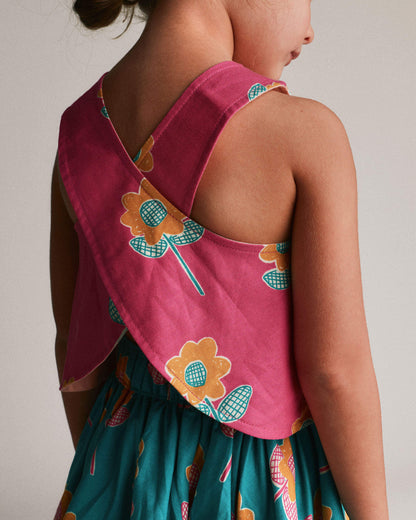 Toddler Girl Reversible Cross-Back Top in Floral Print - Hot Pink