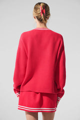 Tennis Club Sweater Knit Cardigan - Candy Red/White