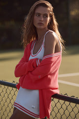 Tennis Club Sweater Knit Cardigan - Candy Red/White