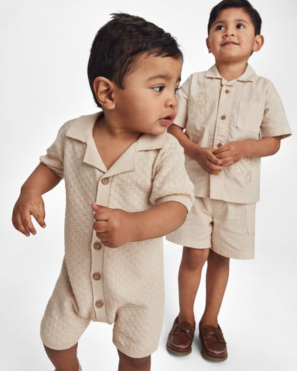 Toddler Boy Toucan Embroidered Short-Sleeve Button-Down Shirt - Khaki