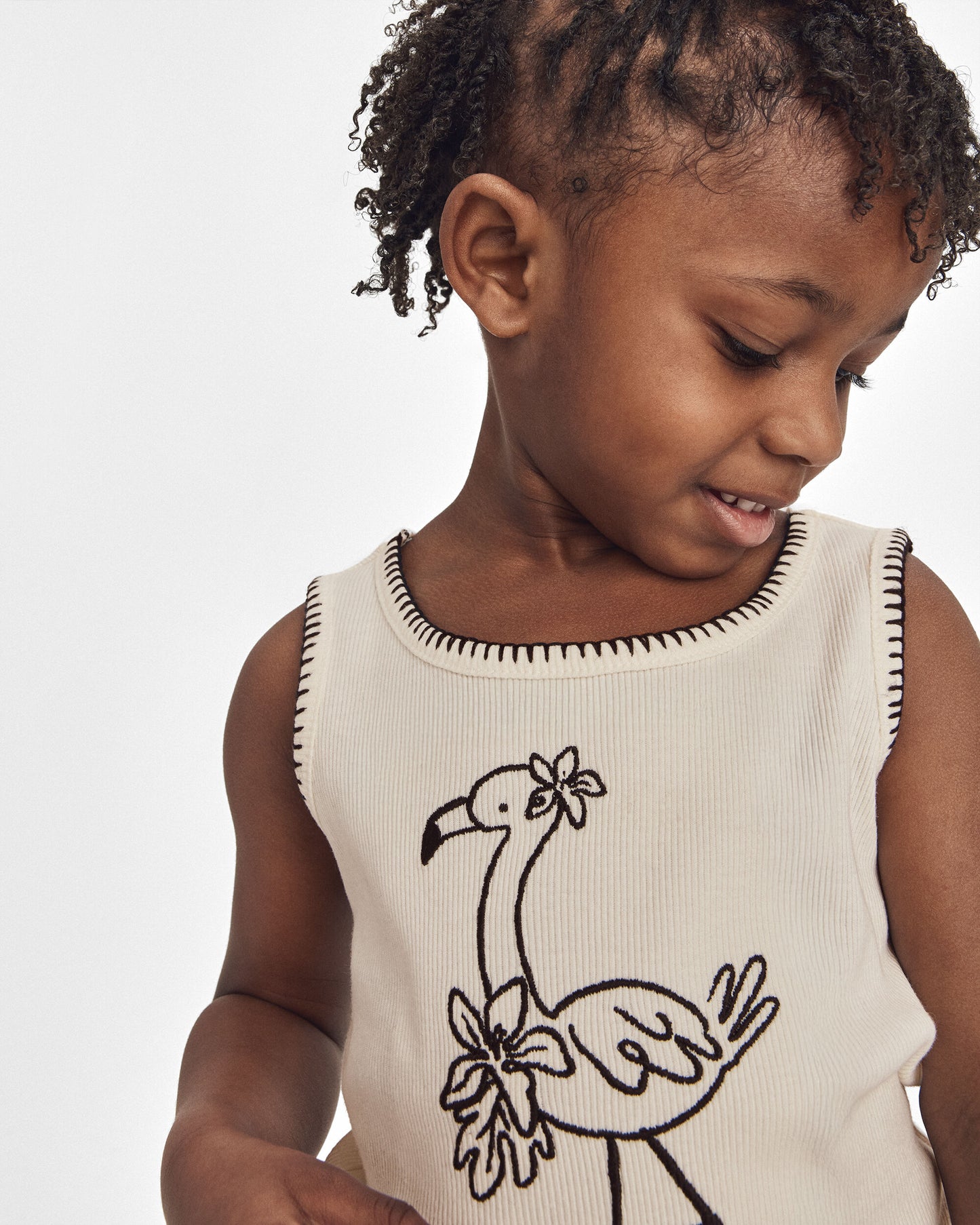 Toddler Girl Flamingo Embroidered Rib Tank Top - Ivory