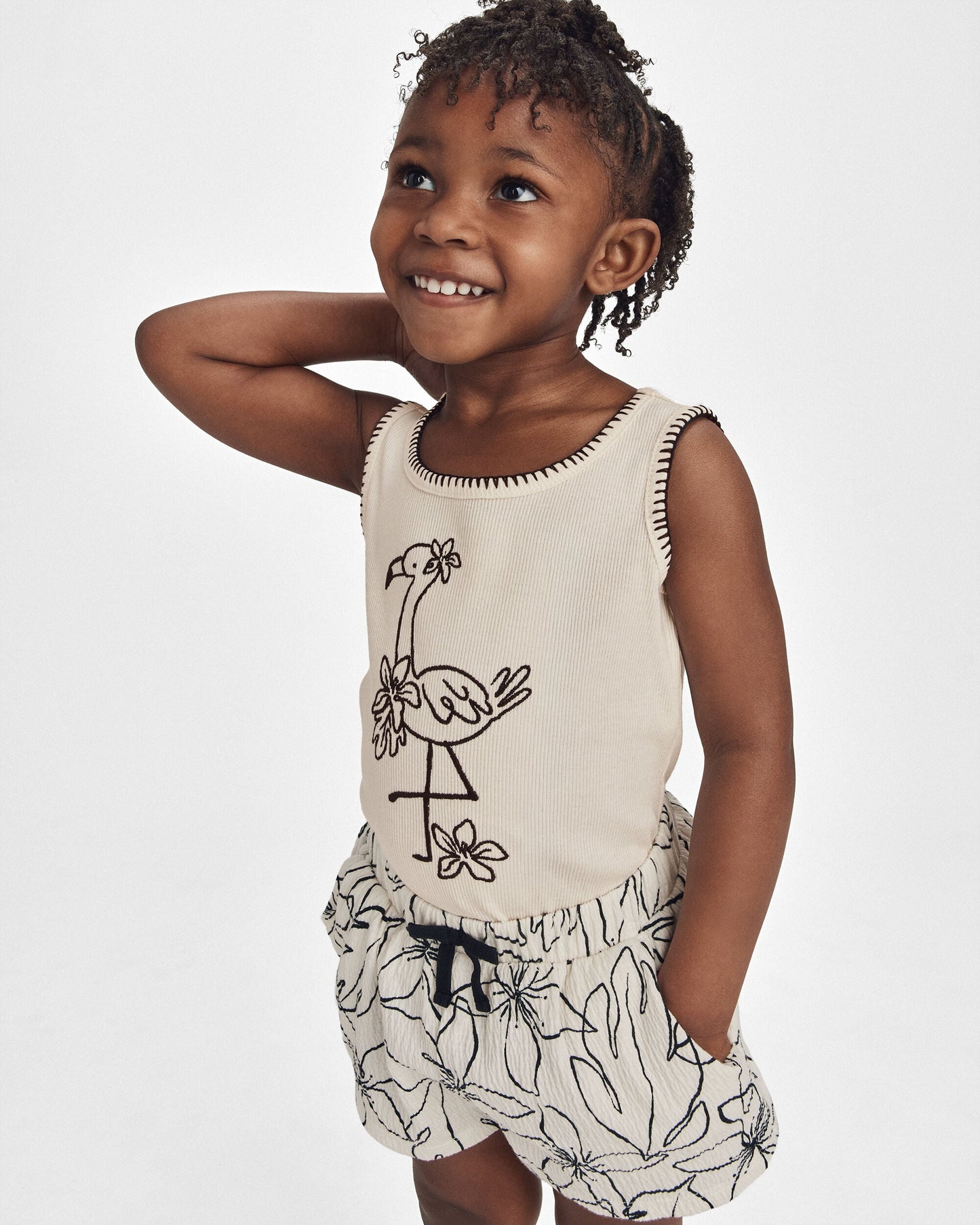 Toddler Girl Flamingo Embroidered Rib Tank Top - Ivory