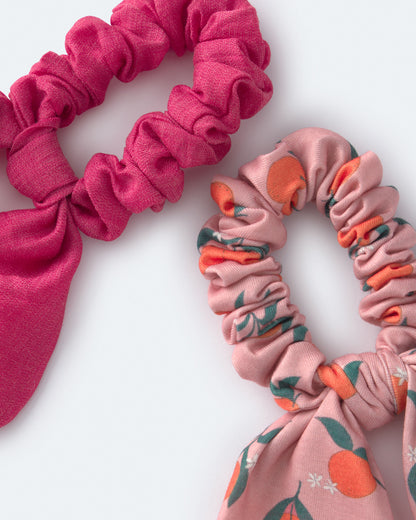 Toddler Girl 2-Pack Bow Scrunchies in Clementine Grove Print - Hot Pink/Rose