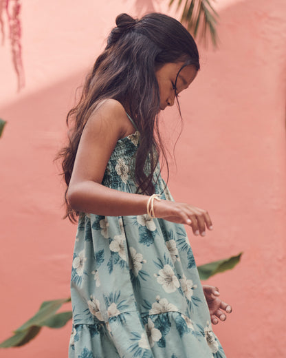 Girls Smocked Linen Dress Made with Organic Cotton in Blue Hibiscus