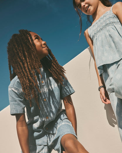 Girls Chambray Floral Pull-On Pants - Light Wash