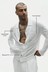 Linen Jersey Coastal Long Sleeve Button Up - White