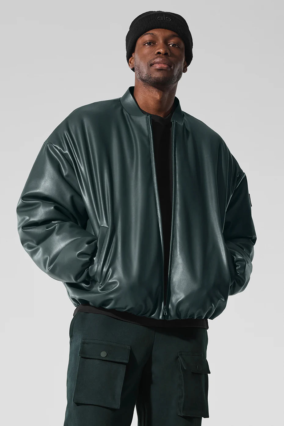 Faux Leather Premier Bomber - Charcoal Green