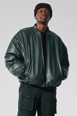 Faux Leather Premier Bomber - Charcoal Green