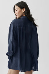 Semi-Sheer Golden Hour Button Down Long Sleeve - Navy